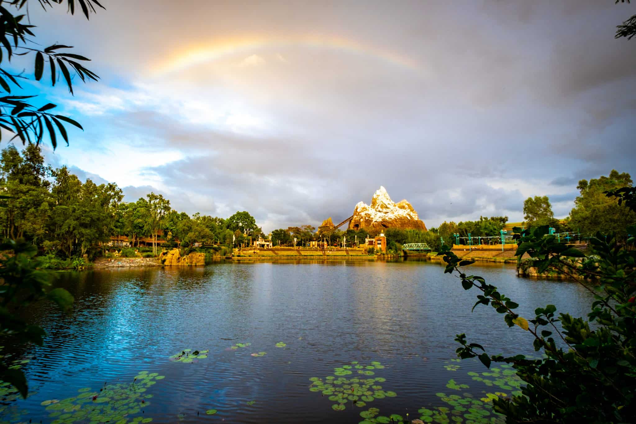 Expedition Everest with a rainbow behind it