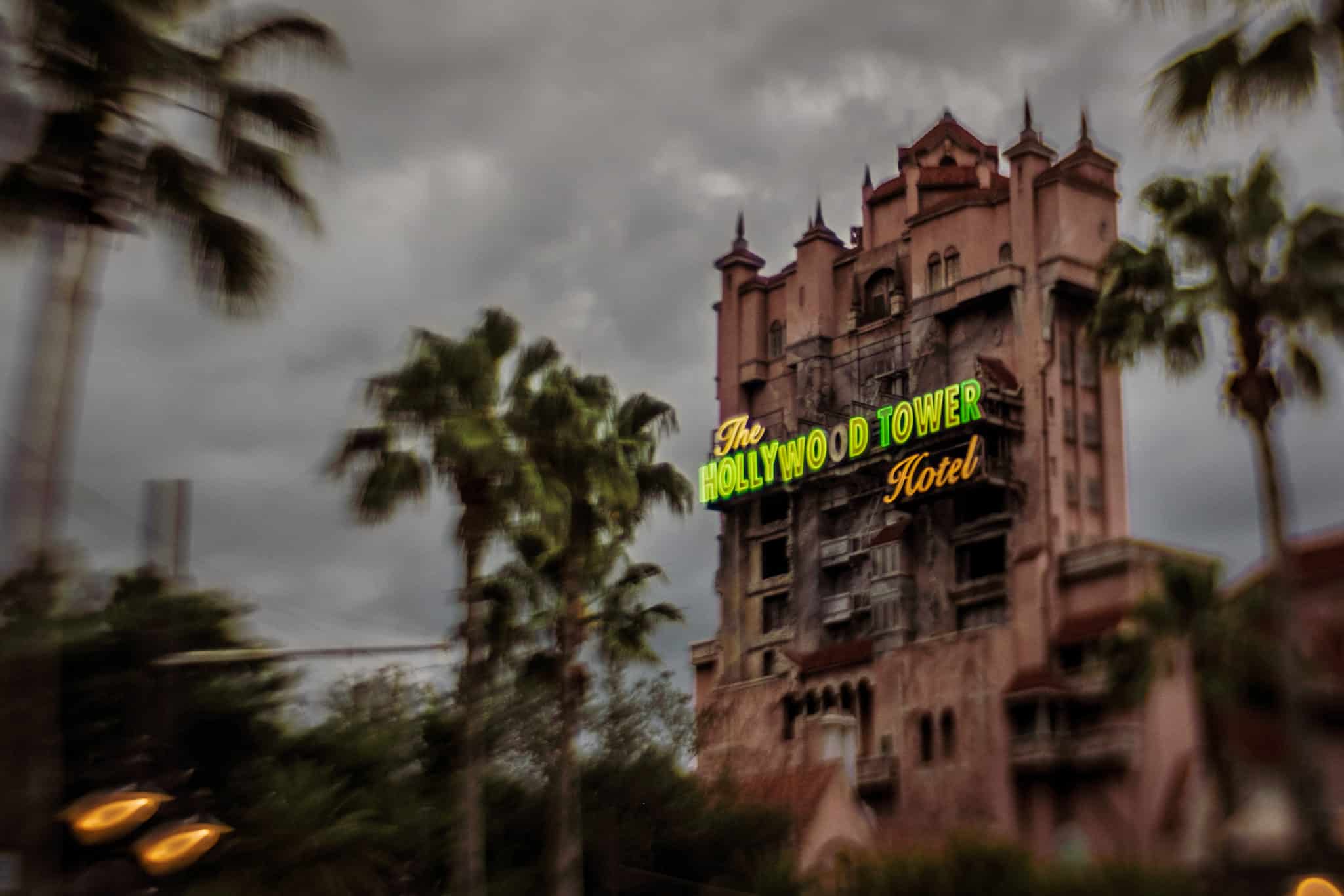 Tower of Terror against a dramatic cloudy sky at Hollywood Studios