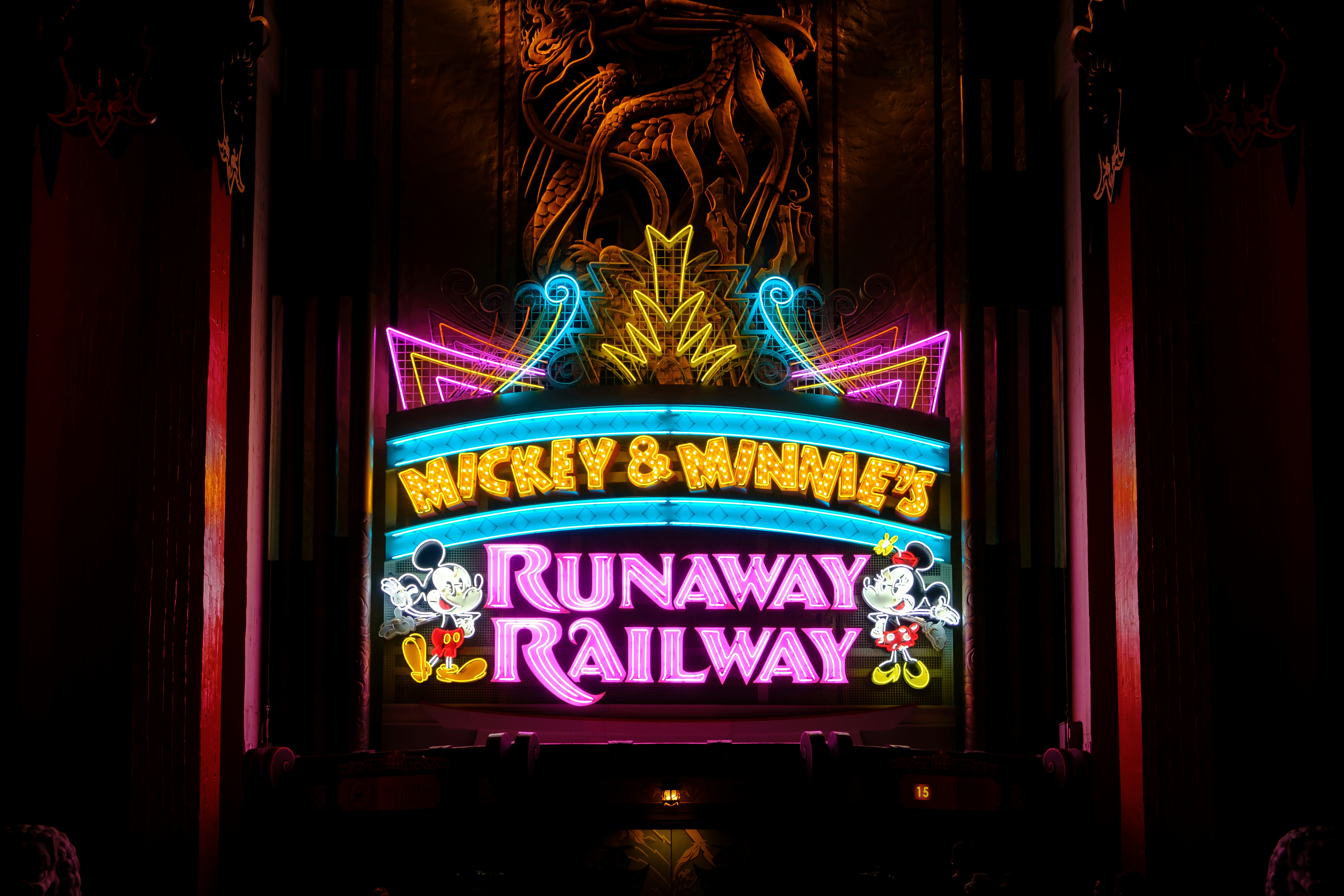 Mickey and Minnie's Runaway Railway entrance with colorful cartoon-style theming